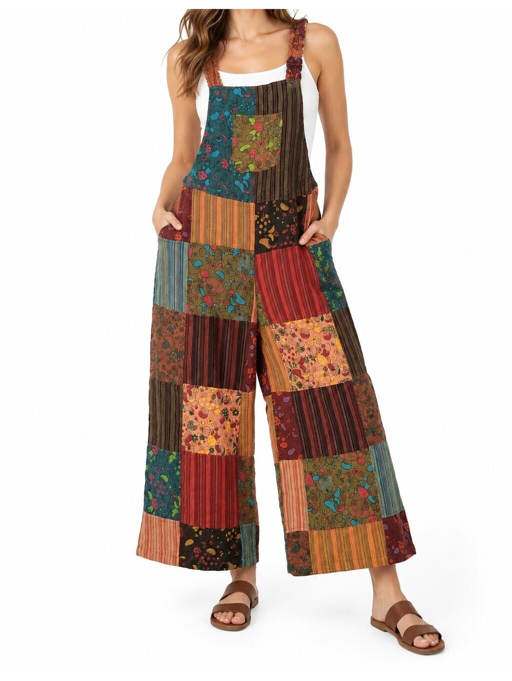 Kathmandu Patchwork Overall Jumpsuit 100% Cotton Nepal Boho Mushroom L NWT